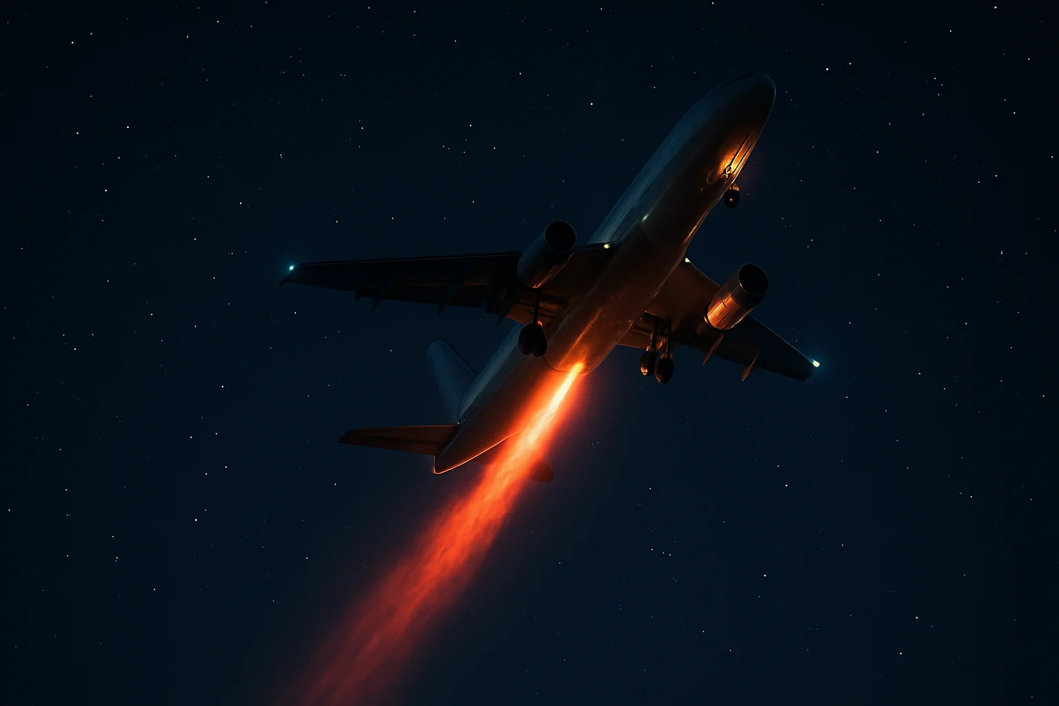 Illuminated aircraft climbing steeply through star-filled dark blue night sky