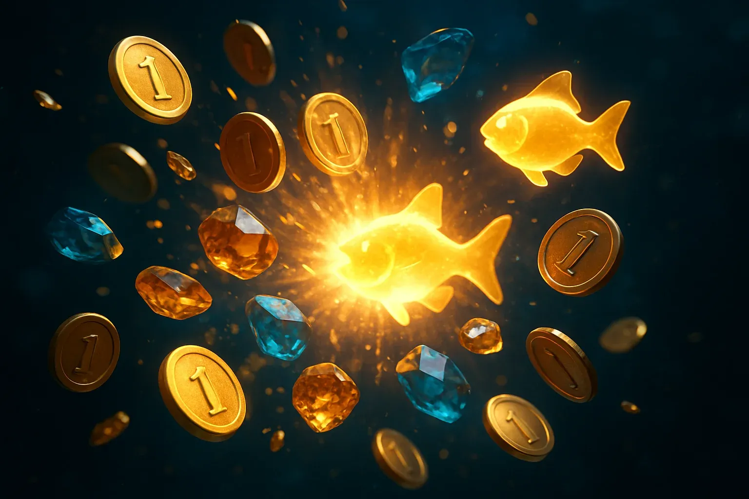 Cinematic underwater explosion of fishing game rewards with coins, gems, fish tokens