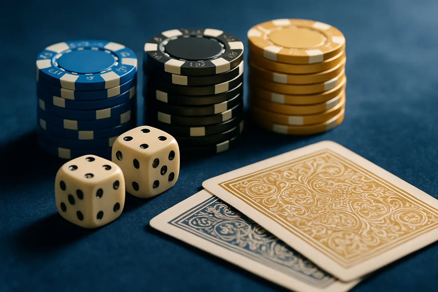 Ultra-realistic macro photo of poker chips, cards, and dice on blue velvet