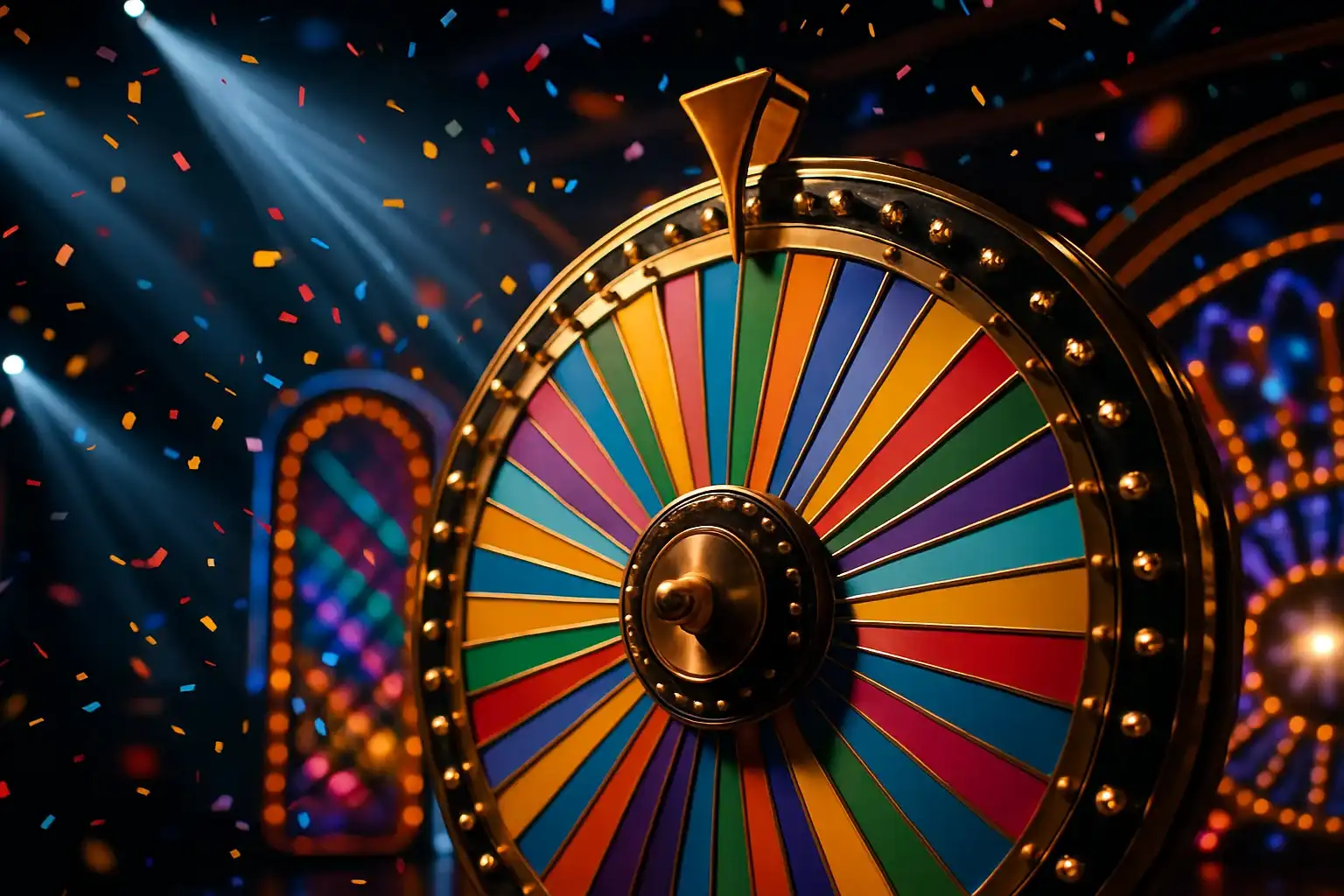Ultra-realistic live casino studio with colorful spinning money wheel and confetti