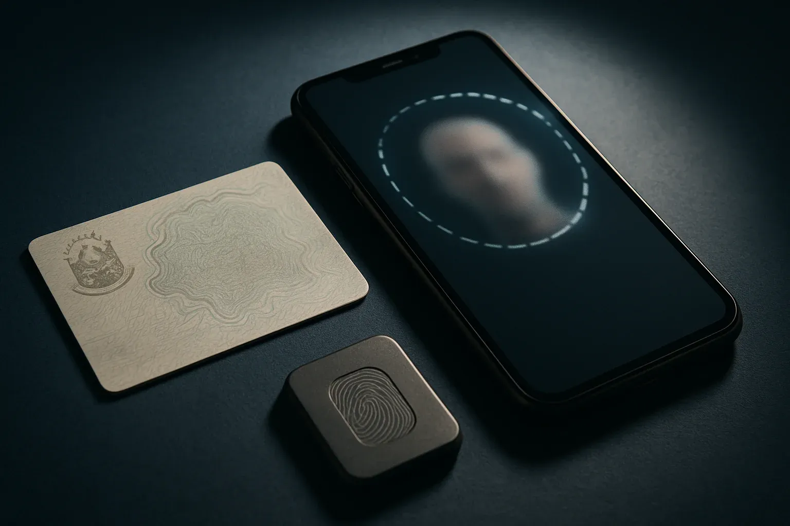 Macro photo of Philippine national ID back with smartphone face scan and fingerprint sensor