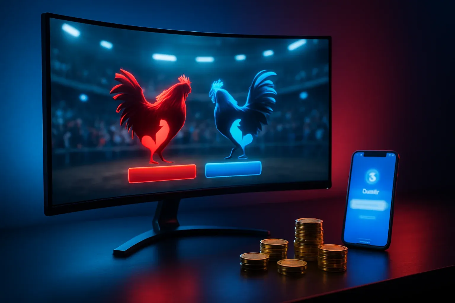 Cinematic online sabong betting setup with curved monitor, smartphone, and golden chips