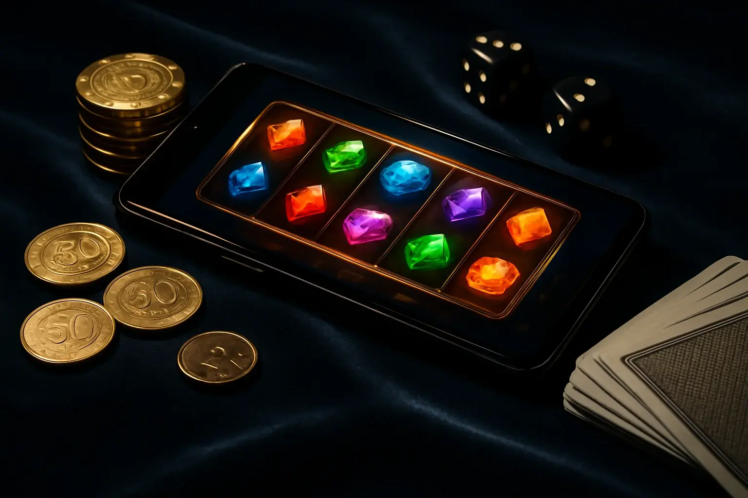 Smartphone showing slot game, casino chips, peso coins, dice, cards