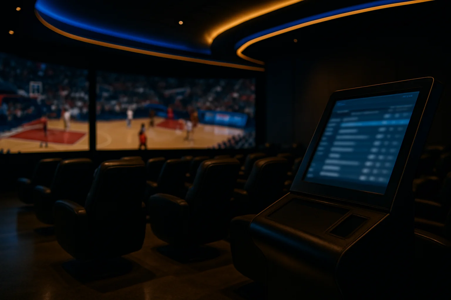 Ultra-realistic sports betting lounge in Manila with 4K screens and betting terminal